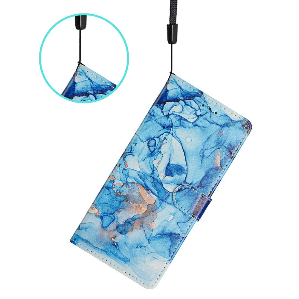 For Oppo Reno14 5G (Global) Case Pattern Printing Wallet Stand Flip Leather Phone Cover with Strap - Blue Marble