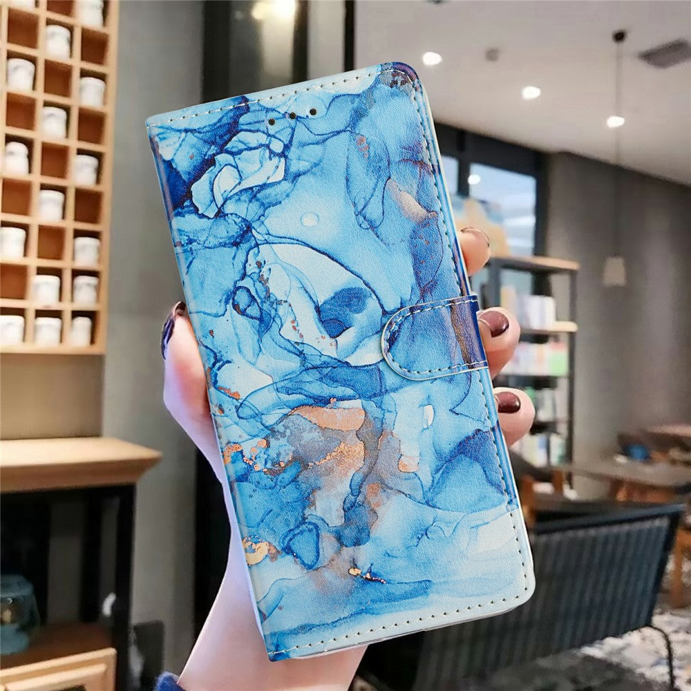 For Oppo Reno14 5G (Global) Case Pattern Printing Wallet Stand Flip Leather Phone Cover with Strap - Blue Marble