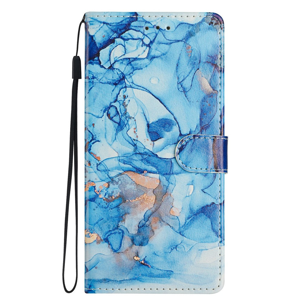For Oppo Reno14 5G (Global) Case Pattern Printing Wallet Stand Flip Leather Phone Cover with Strap - Blue Marble