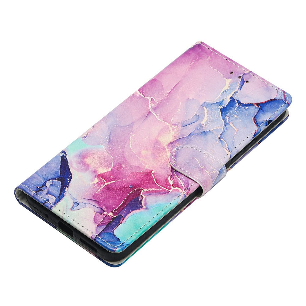 For Oppo Reno14 5G (Global) Case Pattern Printing Wallet Stand Flip Leather Phone Cover with Strap - Green Pink Marble