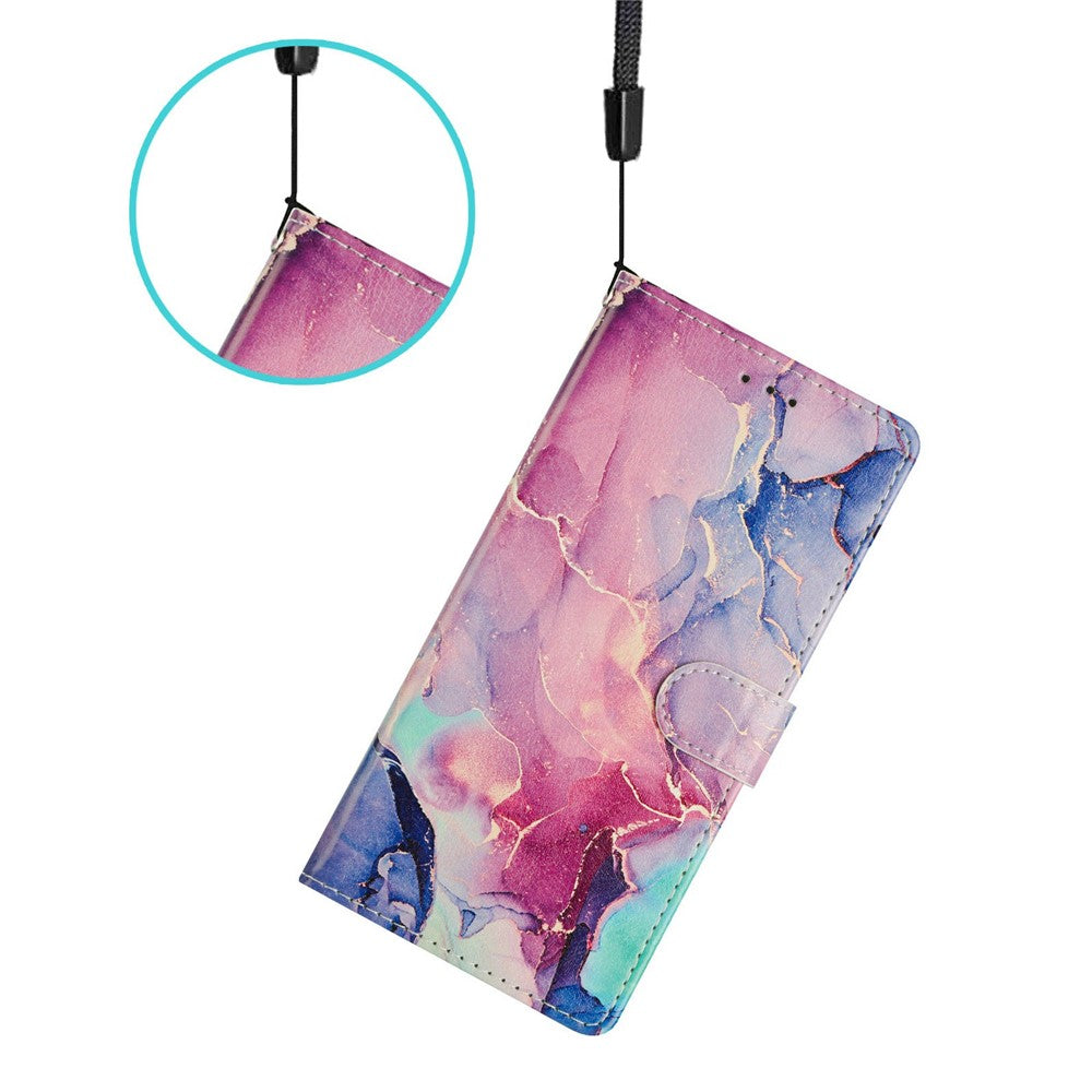 For Oppo Reno14 5G (Global) Case Pattern Printing Wallet Stand Flip Leather Phone Cover with Strap - Green Pink Marble