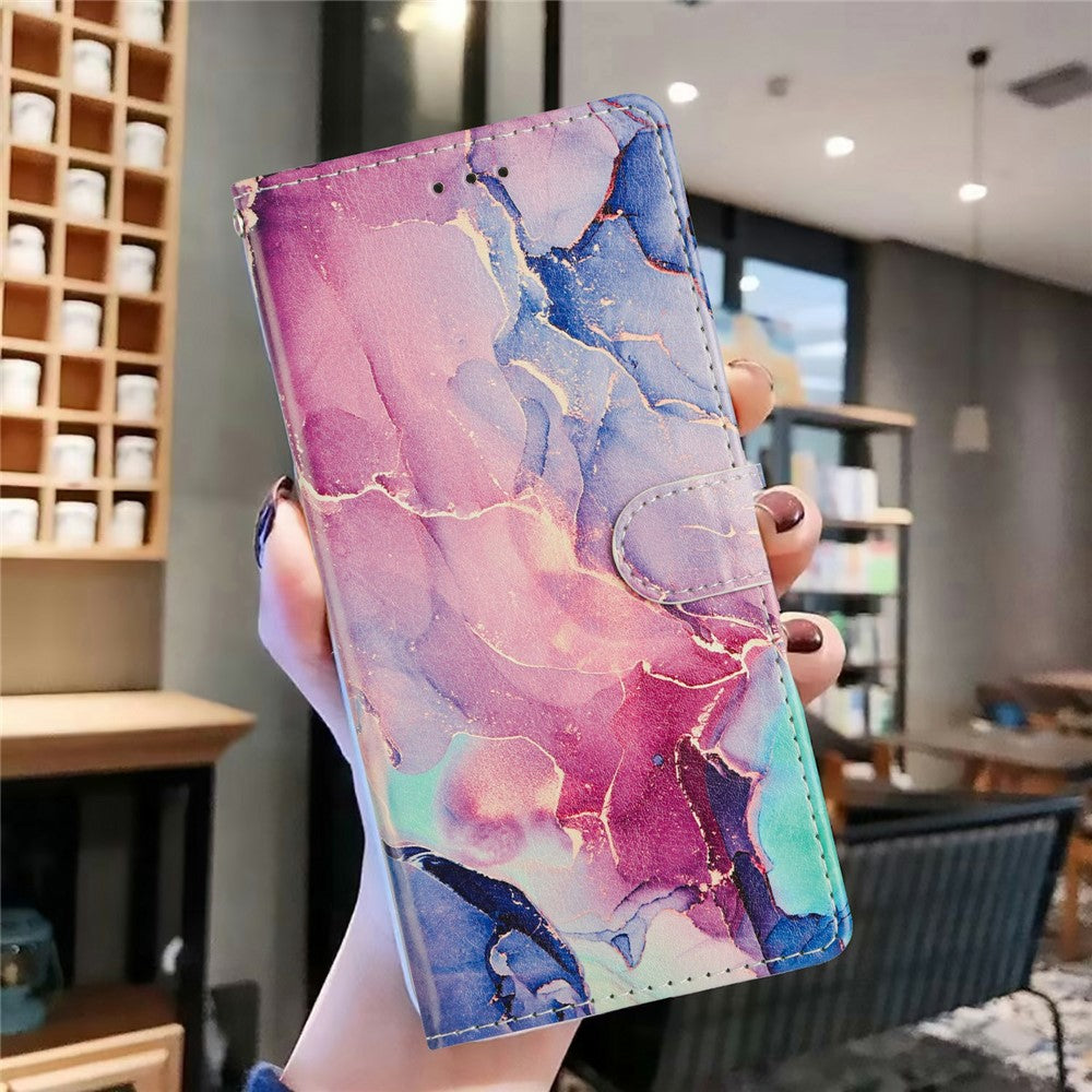For Oppo Reno14 5G (Global) Case Pattern Printing Wallet Stand Flip Leather Phone Cover with Strap - Green Pink Marble