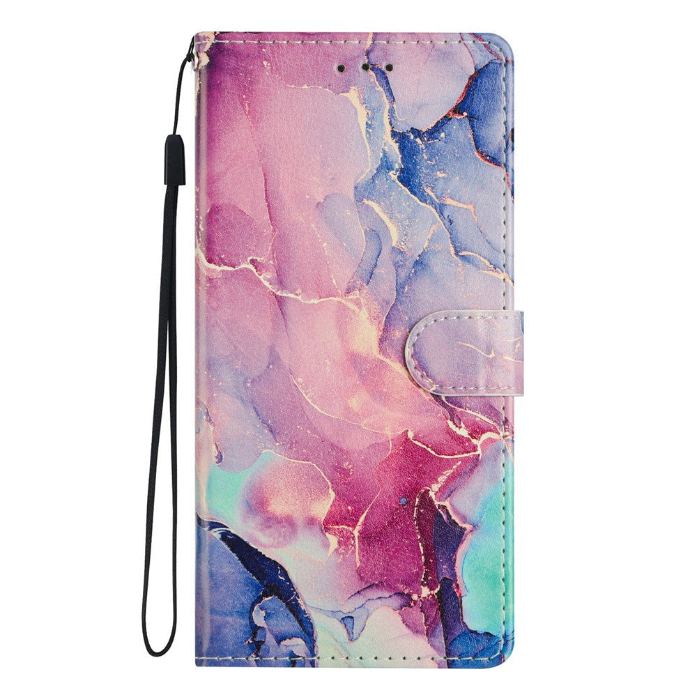 For Oppo Reno14 5G (Global) Case Pattern Printing Wallet Stand Flip Leather Phone Cover with Strap - Green Pink Marble