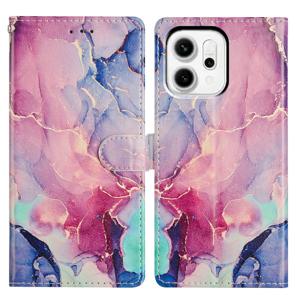 For Oppo Reno14 Pro 5G (Global) Case Pattern Printing Wallet Stand Flip Leather Phone Cover with Strap - Green Pink Marble