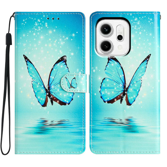 For Oppo Reno14 5G (Global) Wallet Case PU Leather Pattern Printing Stand Phone Cover with Strap - Blue Butterfly