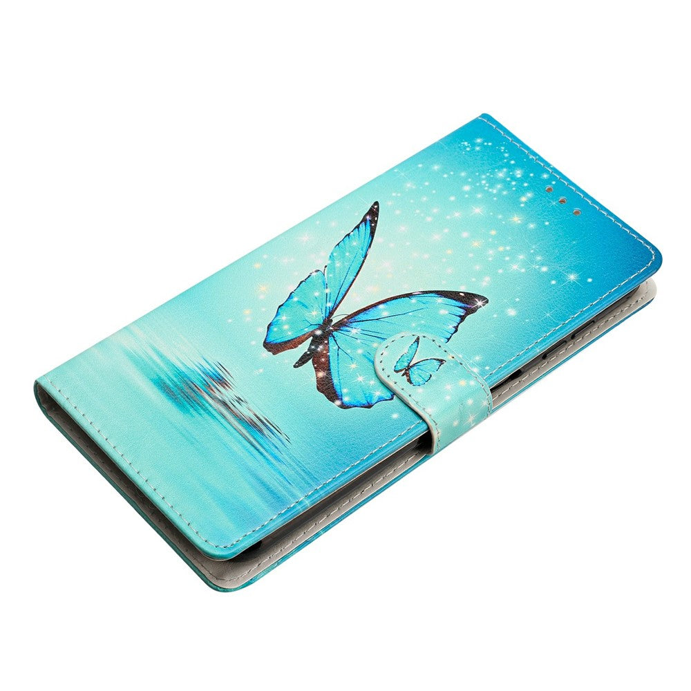 For Oppo Reno14 5G (Global) Wallet Case PU Leather Pattern Printing Stand Phone Cover with Strap - Blue Butterfly