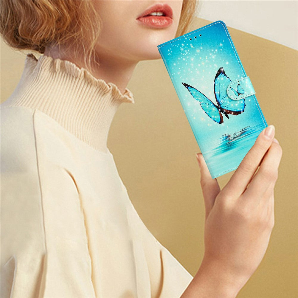 For Oppo Reno14 5G (Global) Wallet Case PU Leather Pattern Printing Stand Phone Cover with Strap - Blue Butterfly