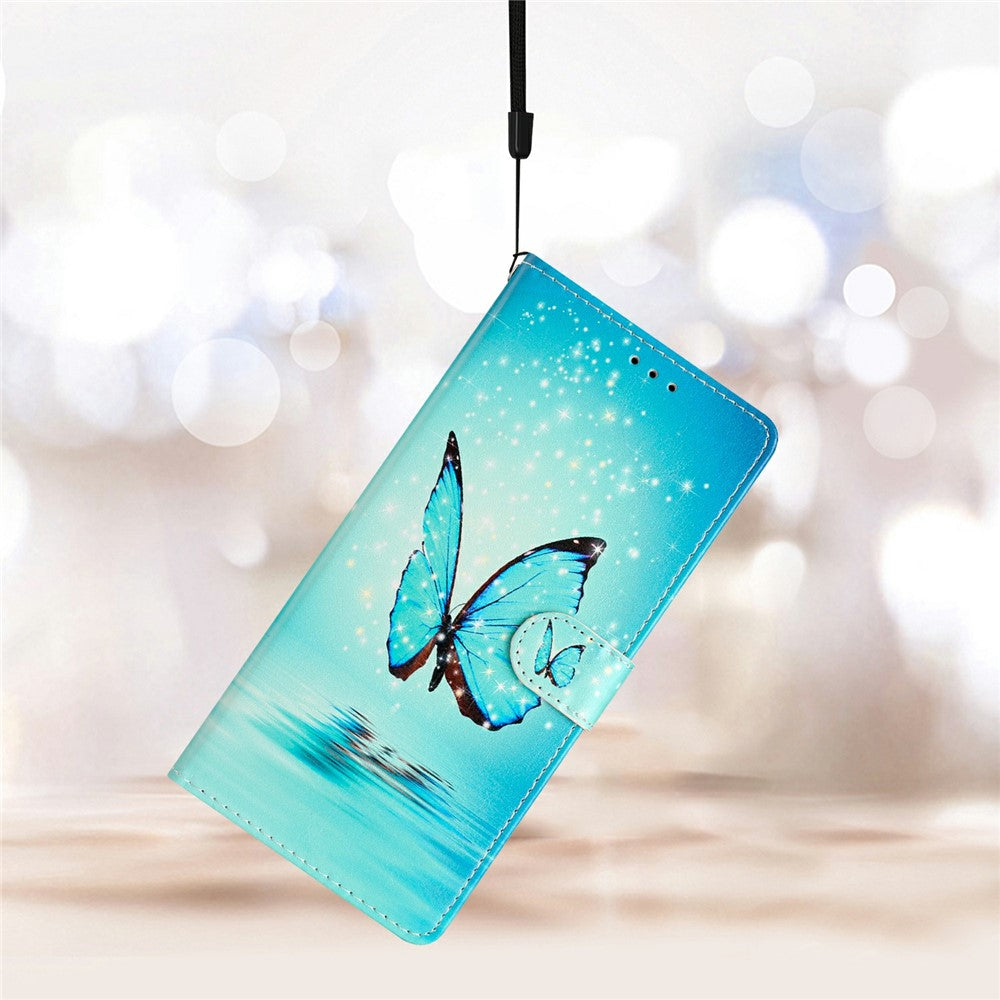 For Oppo Reno14 5G (Global) Wallet Case PU Leather Pattern Printing Stand Phone Cover with Strap - Blue Butterfly