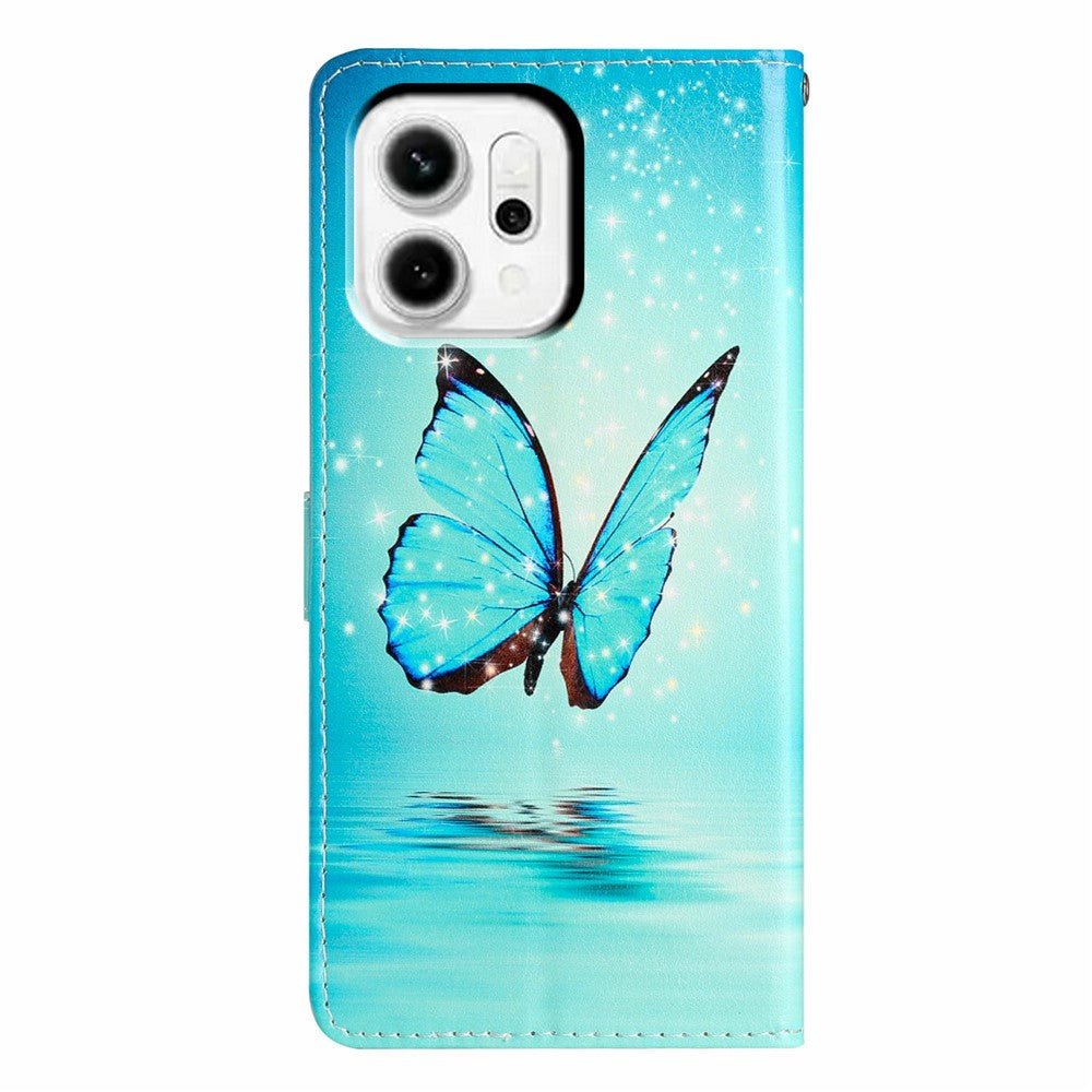 For Oppo Reno14 5G (Global) Wallet Case PU Leather Pattern Printing Stand Phone Cover with Strap - Blue Butterfly