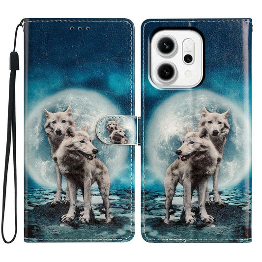 For Oppo Reno14 5G (Global) Wallet Case PU Leather Pattern Printing Stand Phone Cover with Strap - Two Wolves
