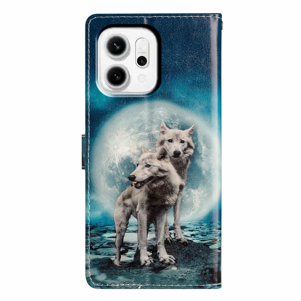 For Oppo Reno14 5G (Global) Wallet Case PU Leather Pattern Printing Stand Phone Cover with Strap - Two Wolves