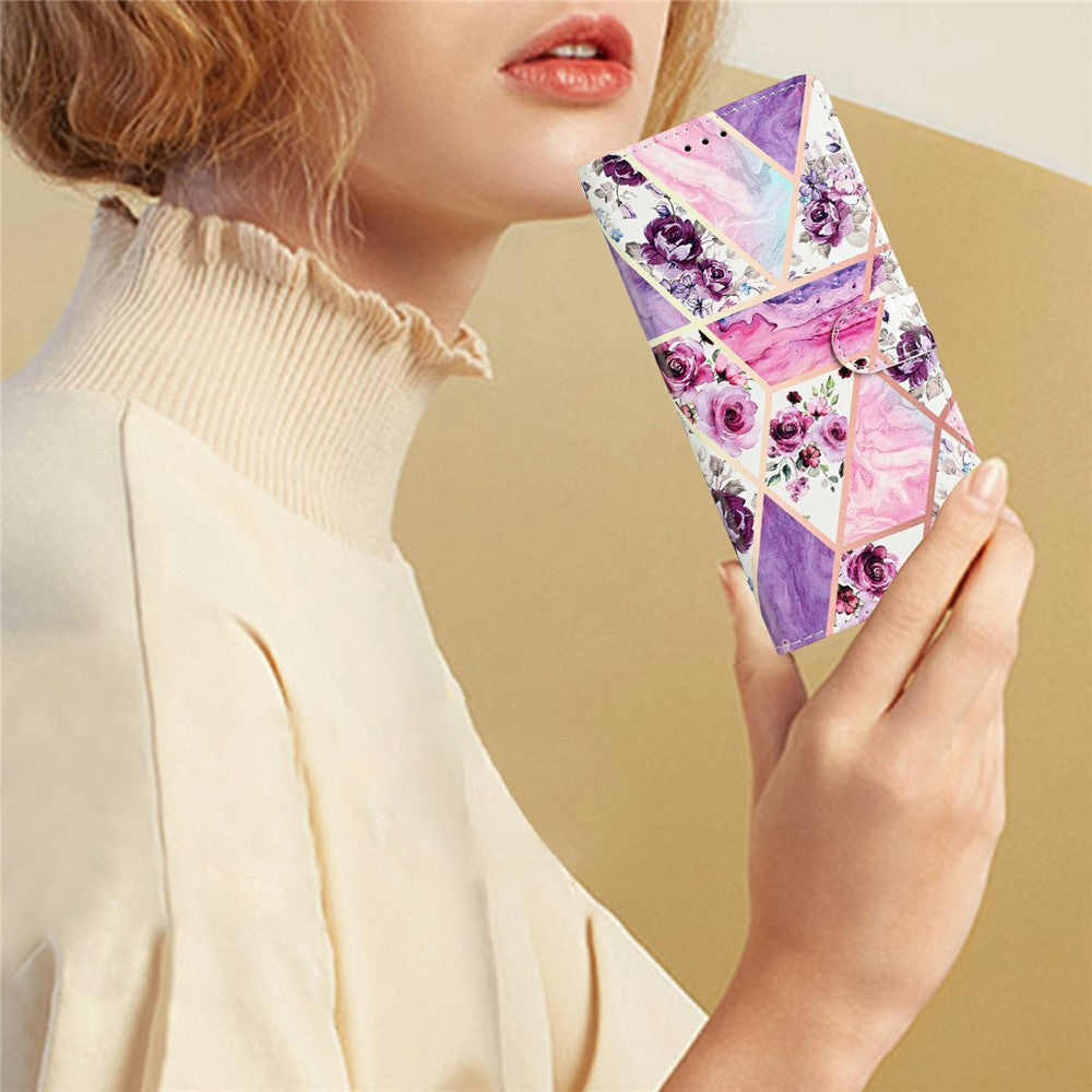 For Oppo Reno14 5G (Global) Wallet Case PU Leather Pattern Printing Stand Phone Cover with Strap - Purple Flowers