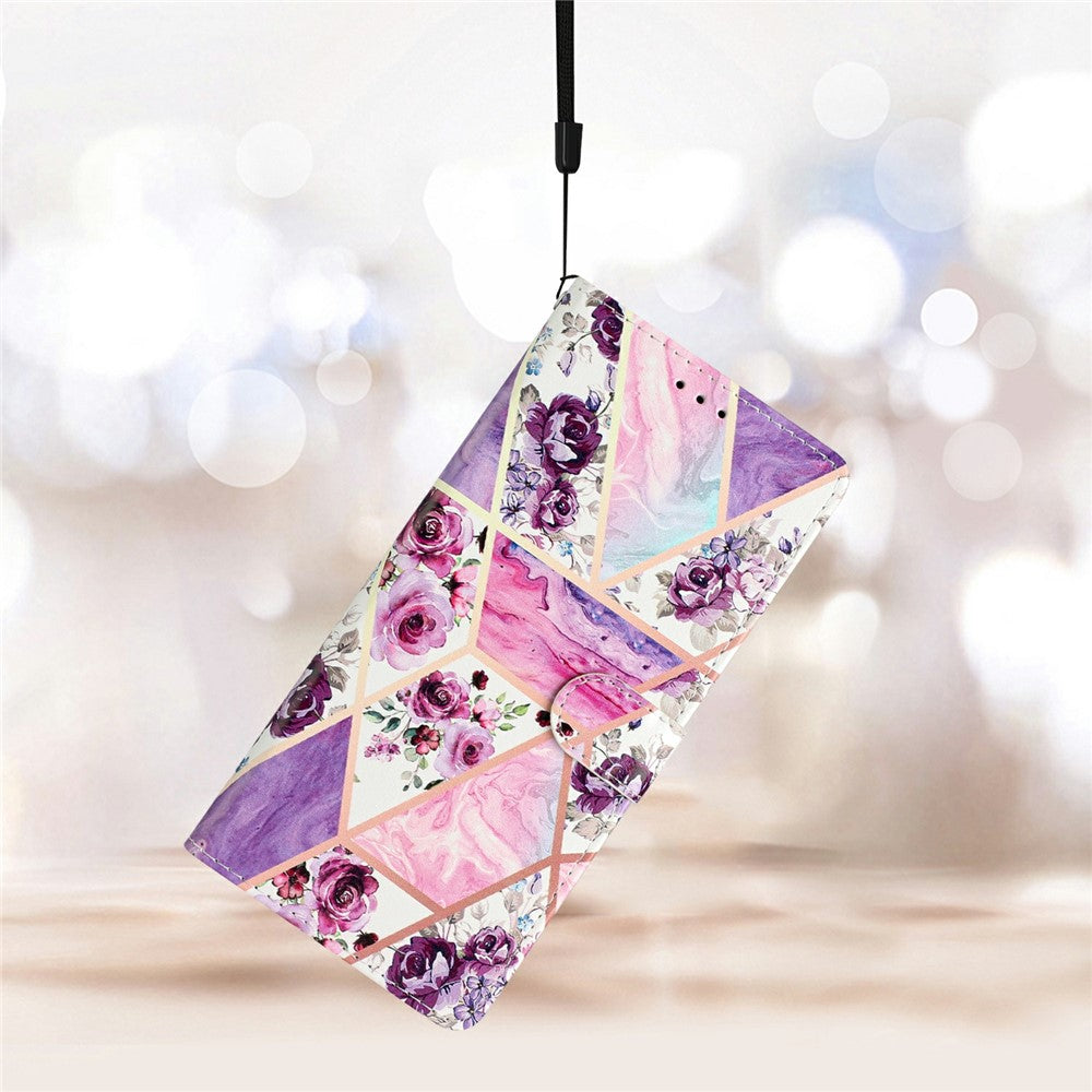 For Oppo Reno14 5G (Global) Wallet Case PU Leather Pattern Printing Stand Phone Cover with Strap - Purple Flowers
