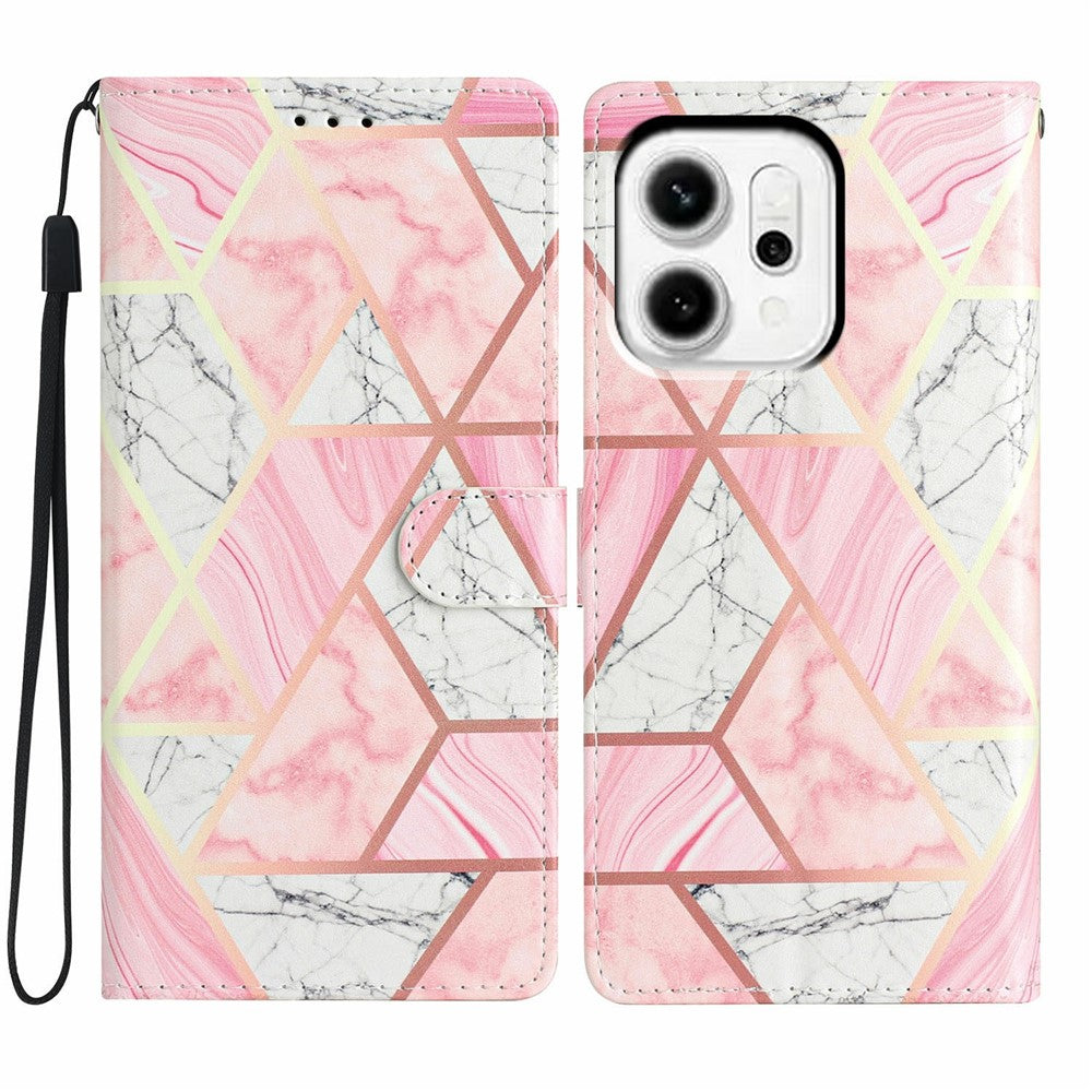For Oppo Reno14 5G (Global) Wallet Case PU Leather Pattern Printing Stand Phone Cover with Strap - Pink Marble