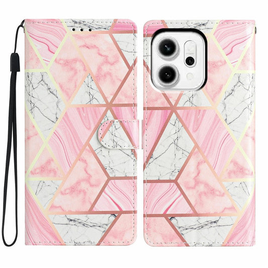For Oppo Reno14 5G (Global) Wallet Case PU Leather Pattern Printing Stand Phone Cover with Strap - Pink Marble