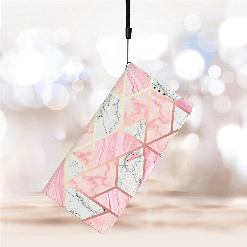 For Oppo Reno14 5G (Global) Wallet Case PU Leather Pattern Printing Stand Phone Cover with Strap - Pink Marble