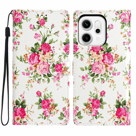 For Oppo Reno14 5G (Global) Wallet Case PU Leather Pattern Printing Stand Phone Cover with Strap - Red Flowers