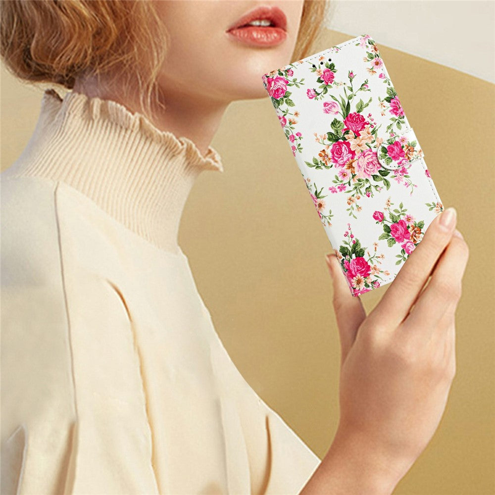 For Oppo Reno14 5G (Global) Wallet Case PU Leather Pattern Printing Stand Phone Cover with Strap - Red Flowers