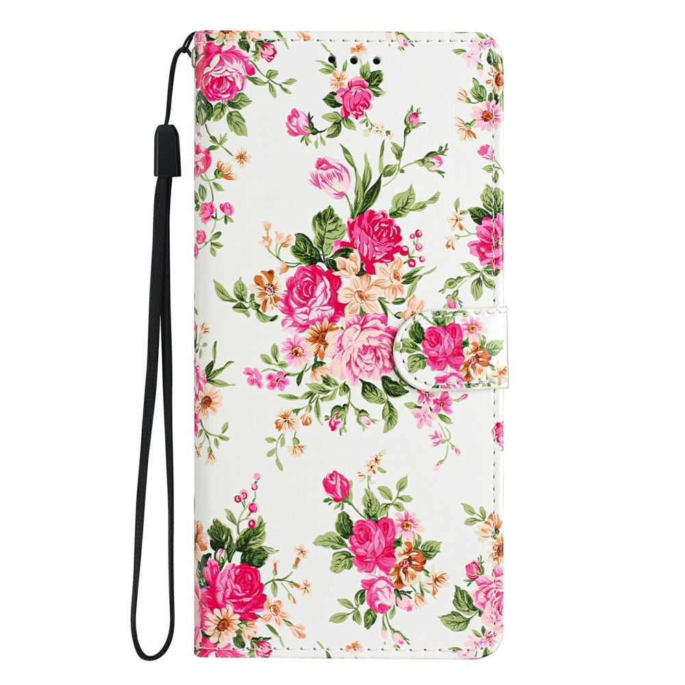 For Oppo Reno14 5G (Global) Wallet Case PU Leather Pattern Printing Stand Phone Cover with Strap - Red Flowers