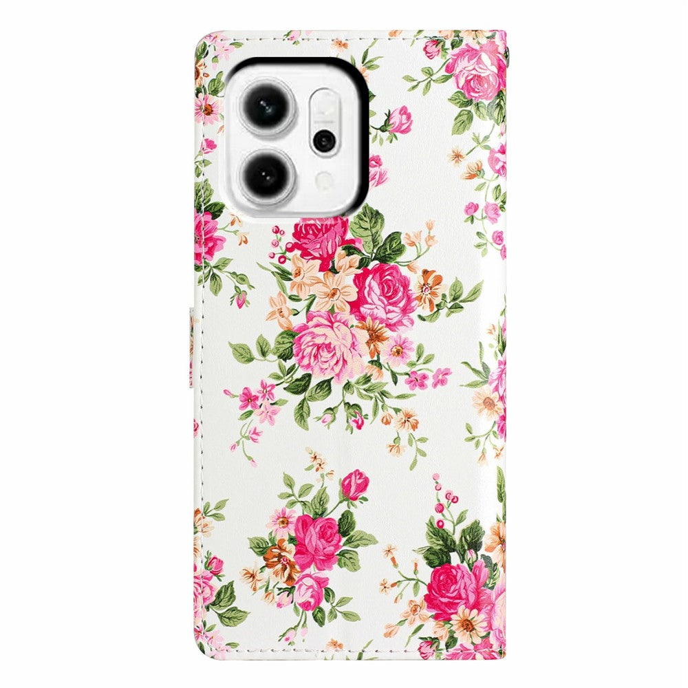 For Oppo Reno14 5G (Global) Wallet Case PU Leather Pattern Printing Stand Phone Cover with Strap - Red Flowers