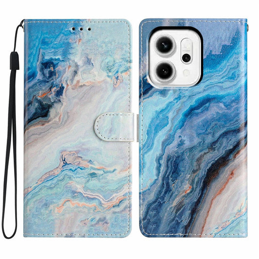 For Oppo Reno14 5G (Global) Wallet Case PU Leather Pattern Printing Stand Phone Cover with Strap - Blue Marble