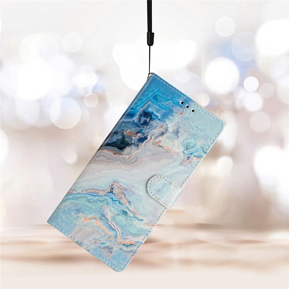 For Oppo Reno14 5G (Global) Wallet Case PU Leather Pattern Printing Stand Phone Cover with Strap - Blue Marble