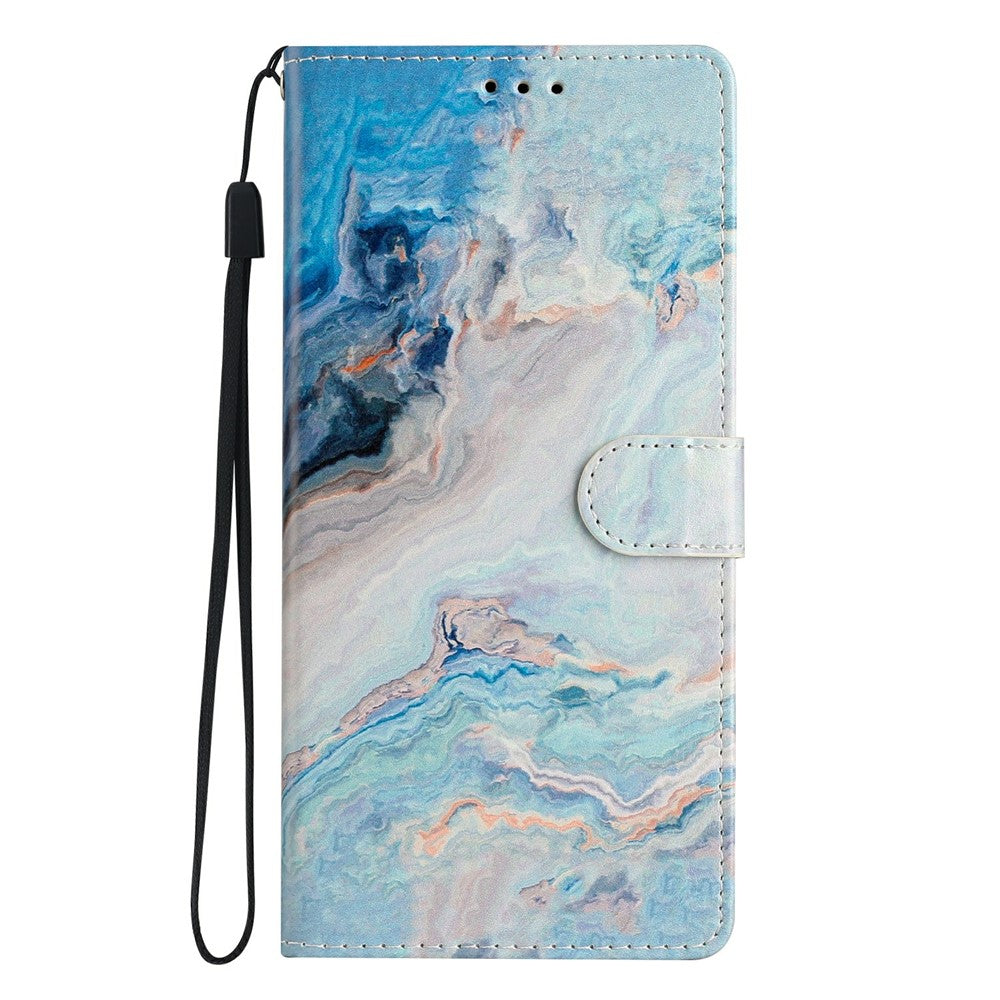 For Oppo Reno14 5G (Global) Wallet Case PU Leather Pattern Printing Stand Phone Cover with Strap - Blue Marble