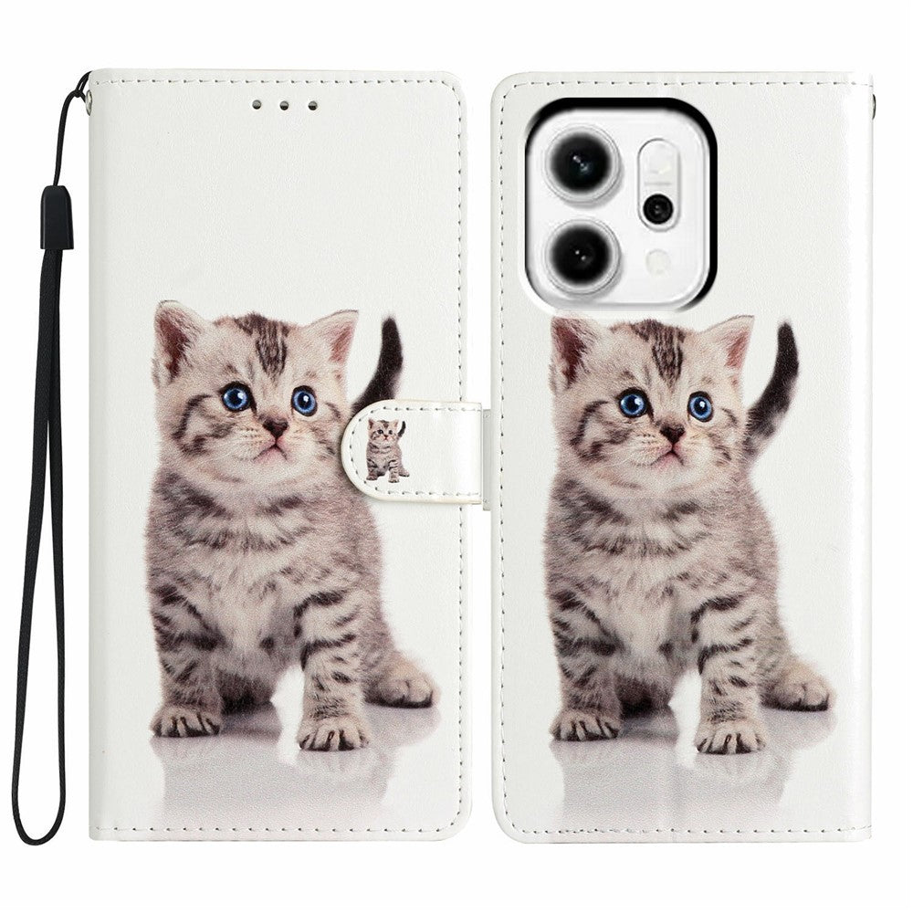 For Oppo Reno14 5G (Global) Wallet Case PU Leather Pattern Printing Stand Phone Cover with Strap - Cute Cat