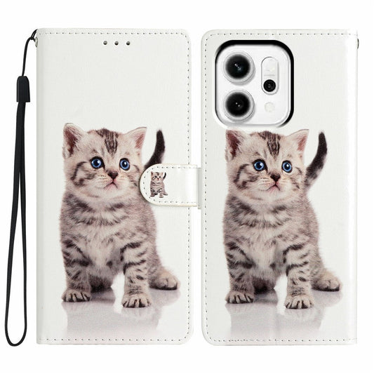 For Oppo Reno14 5G (Global) Wallet Case PU Leather Pattern Printing Stand Phone Cover with Strap - Cute Cat
