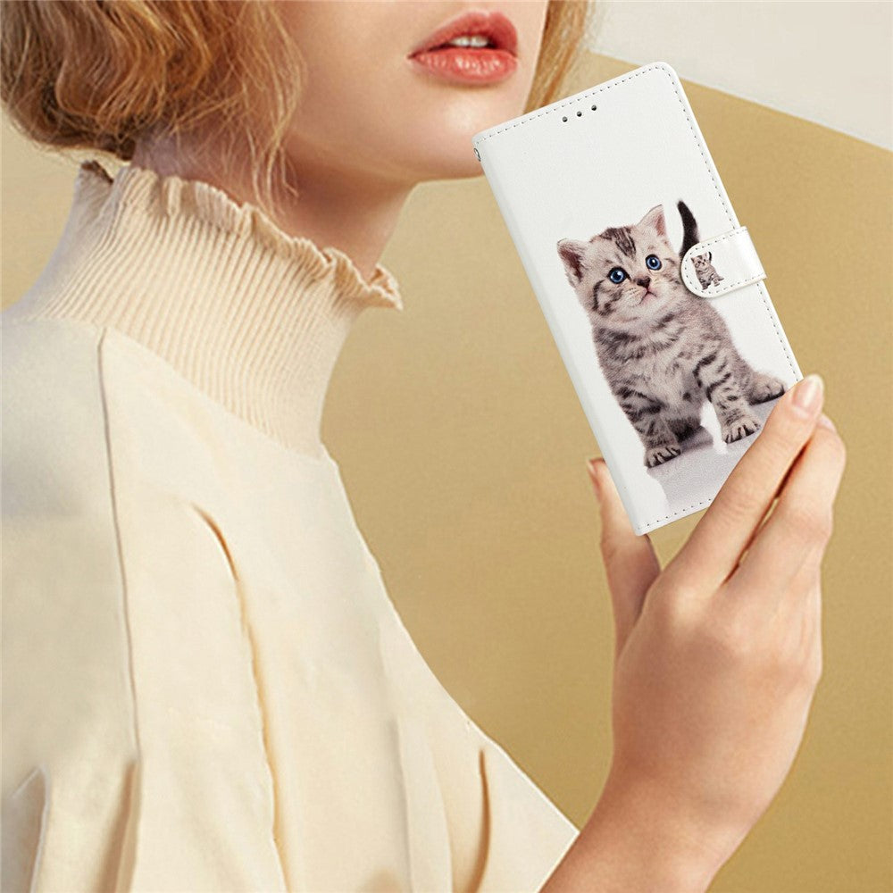 For Oppo Reno14 5G (Global) Wallet Case PU Leather Pattern Printing Stand Phone Cover with Strap - Cute Cat