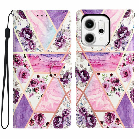 For Oppo Reno14 Pro 5G (Global) Wallet Case PU Leather Pattern Printing Stand Phone Cover with Strap - Purple Flowers