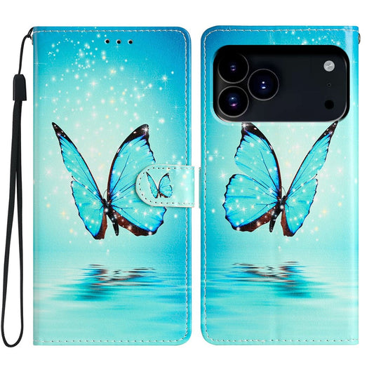 For iPhone 17 Pro Max Wallet Case PU Leather Pattern Printing Stand Phone Cover with Strap - Blue Butterfly