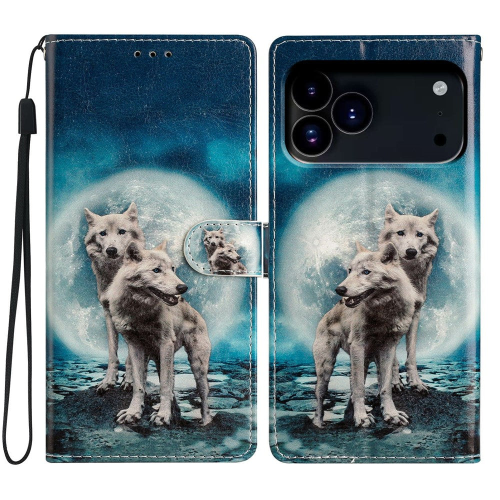 For iPhone 17 Pro Max Wallet Case PU Leather Pattern Printing Stand Phone Cover with Strap - Two Wolves
