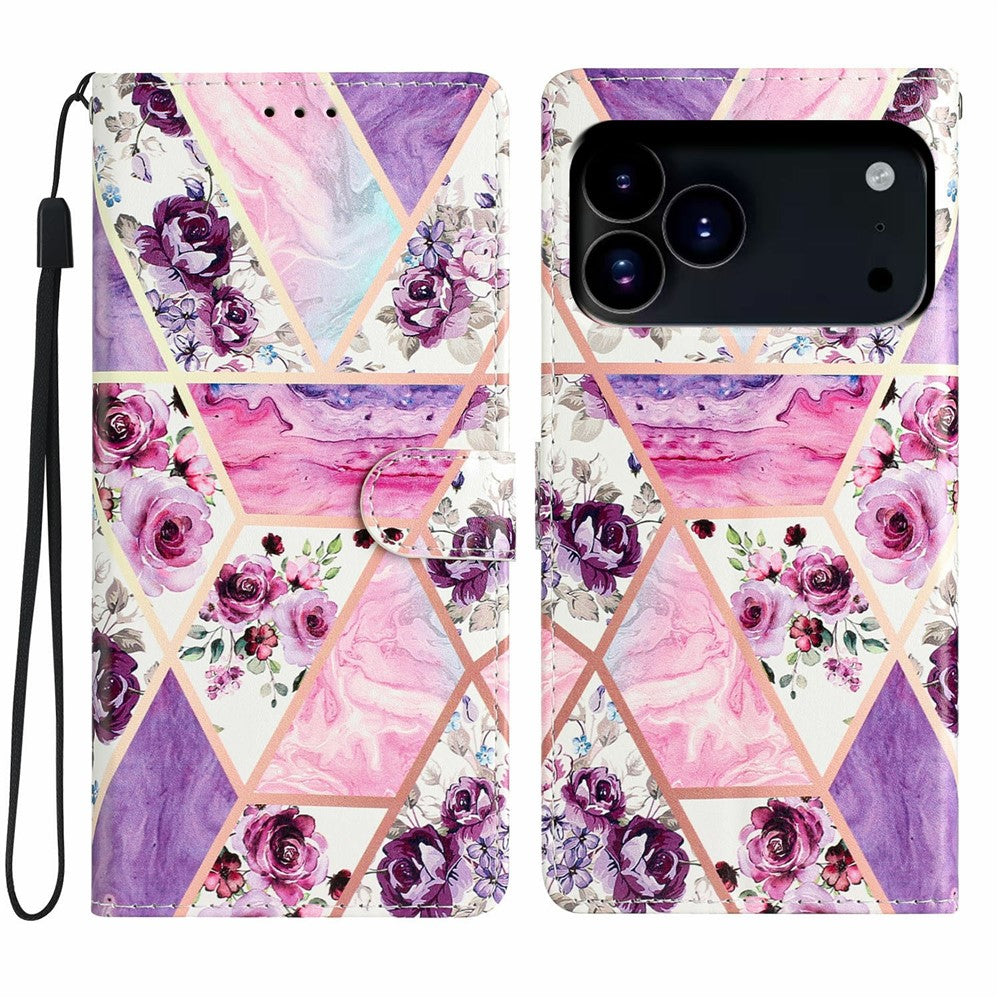 For iPhone 17 Pro Max Wallet Case PU Leather Pattern Printing Stand Phone Cover with Strap - Purple Flowers