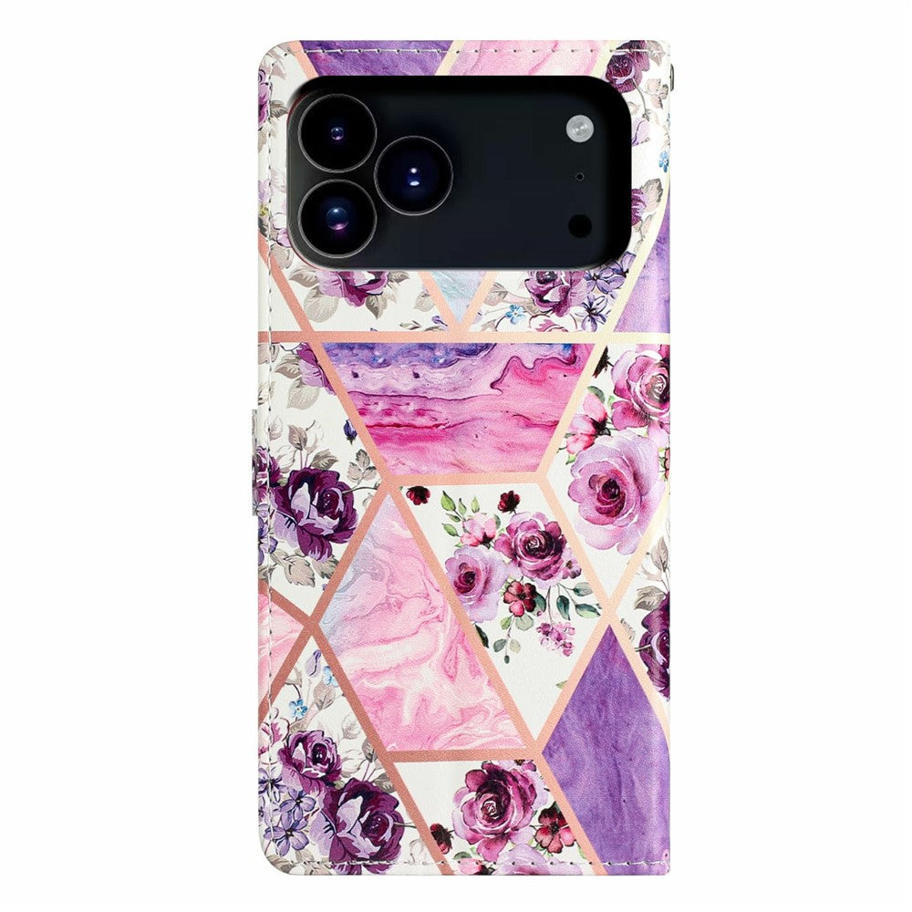 For iPhone 17 Pro Max Wallet Case PU Leather Pattern Printing Stand Phone Cover with Strap - Purple Flowers