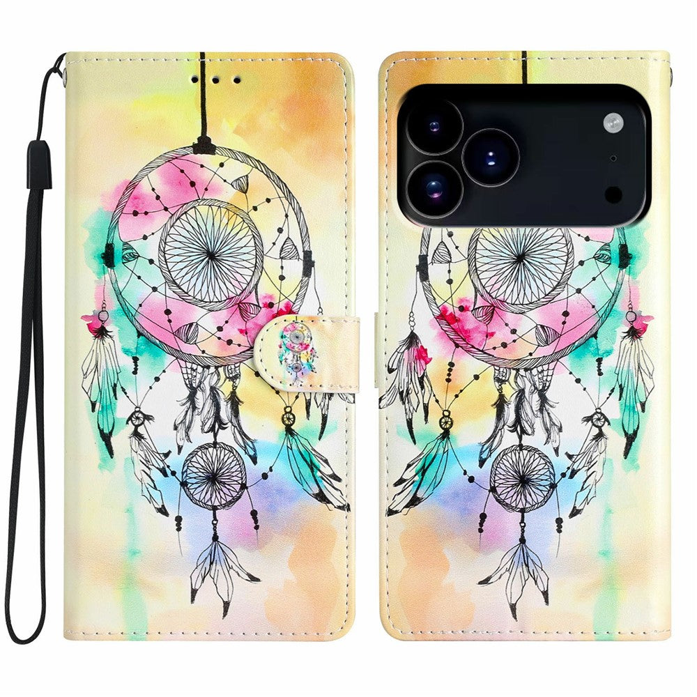 For iPhone 17 Pro Max Wallet Case PU Leather Pattern Printing Stand Phone Cover with Strap - Wind Chime