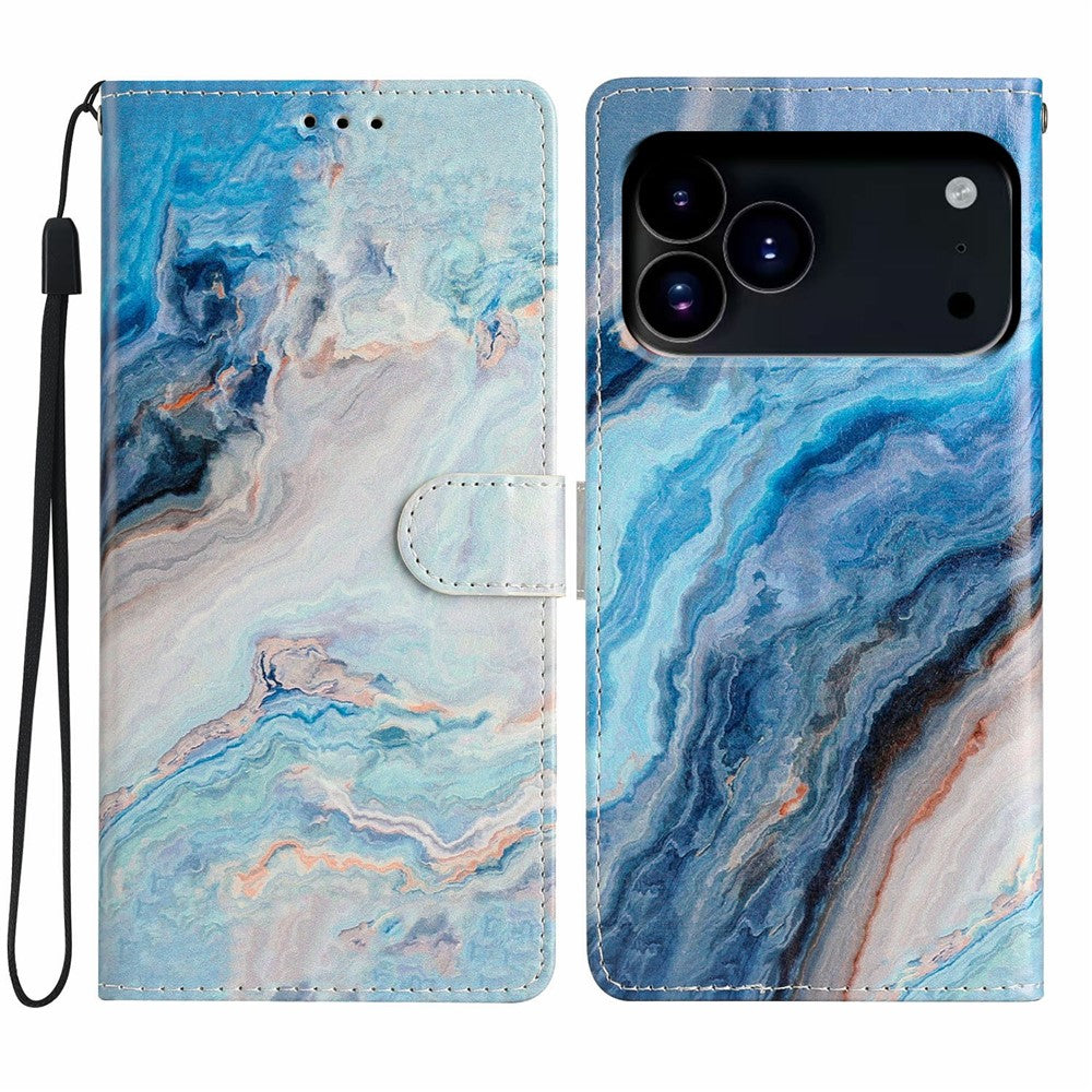 For iPhone 17 Pro Max Wallet Case PU Leather Pattern Printing Stand Phone Cover with Strap - Blue Marble