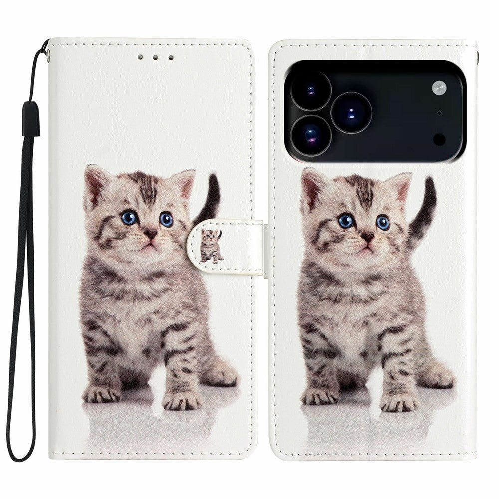 For iPhone 17 Pro Max Wallet Case PU Leather Pattern Printing Stand Phone Cover with Strap - Cute Cat