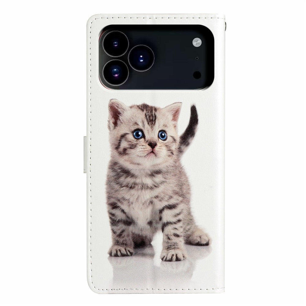 For iPhone 17 Pro Max Wallet Case PU Leather Pattern Printing Stand Phone Cover with Strap - Cute Cat
