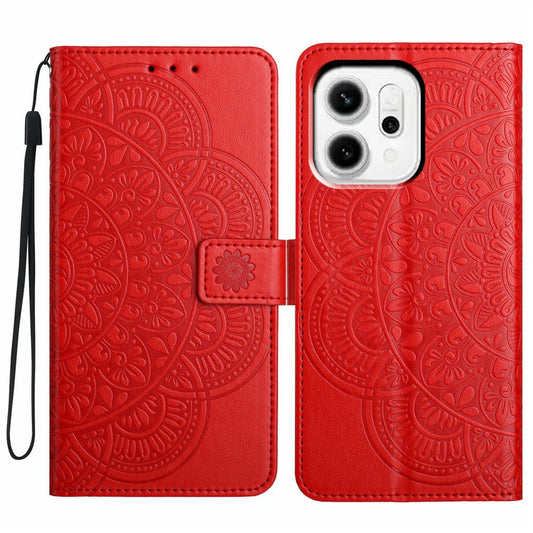 For Oppo Reno14 5G (Global) Leather Case with Card Slots Mandala Pattern Phone Cover Stand - Red