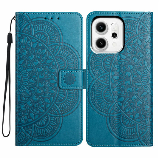 For Oppo Reno14 5G (Global) Leather Case with Card Slots Mandala Pattern Phone Cover Stand - Blue