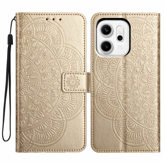 For Oppo Reno14 5G (Global) Leather Case with Card Slots Mandala Pattern Phone Cover Stand - Gold