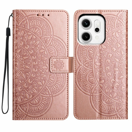 For Oppo Reno14 5G (Global) Leather Case with Card Slots Mandala Pattern Phone Cover Stand - Rose Gold