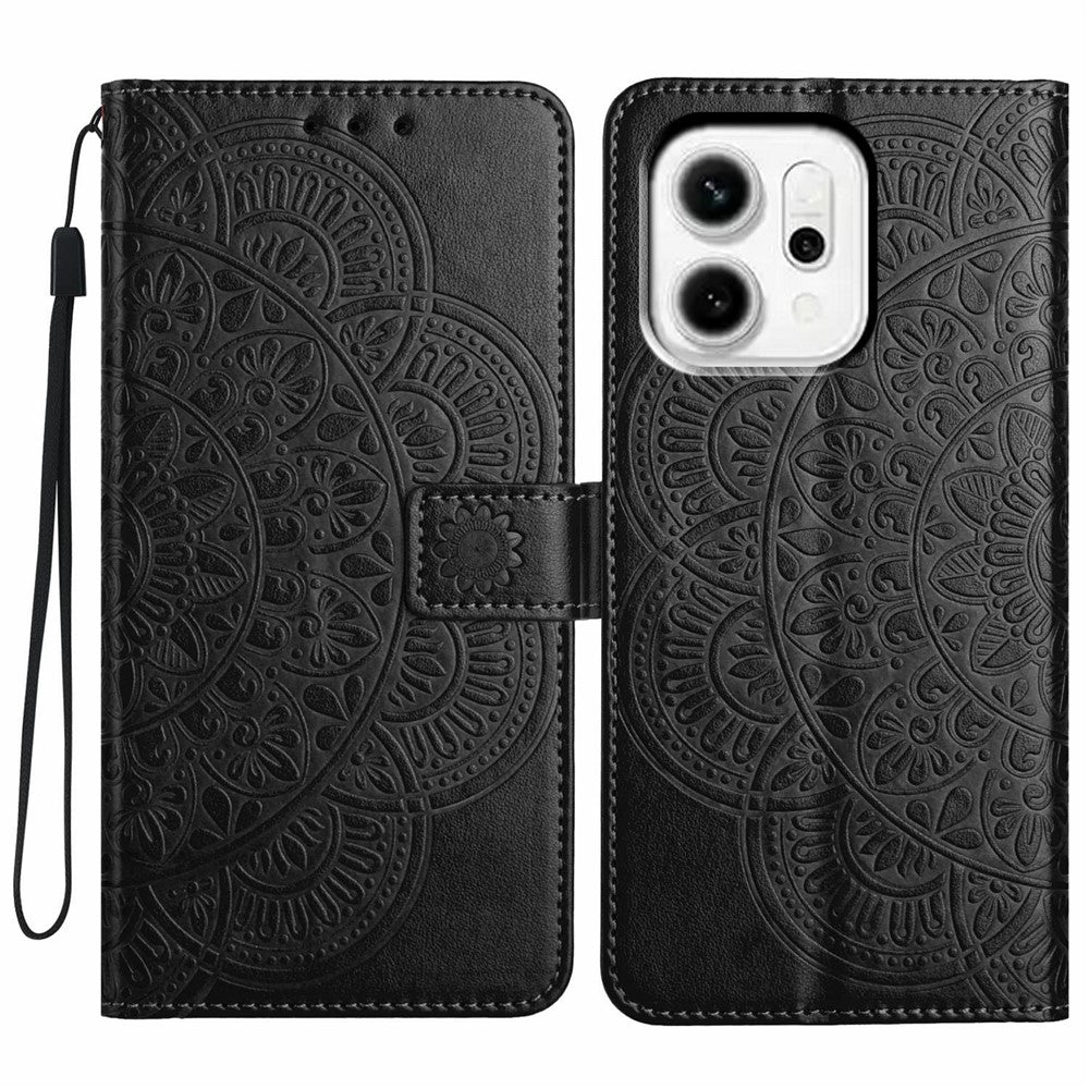 For Oppo Reno14 5G (Global) Leather Case with Card Slots Mandala Pattern Phone Cover Stand - Black