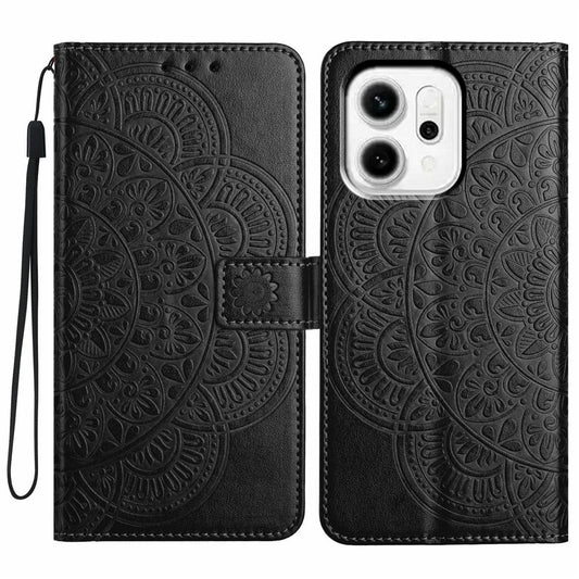For Oppo Reno14 5G (Global) Leather Case with Card Slots Mandala Pattern Phone Cover Stand - Black