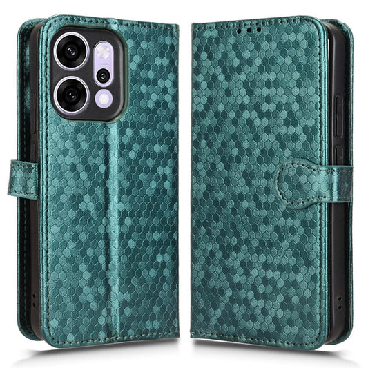 For Oppo Reno14 5G (Global) Wallet Case Dot Pattern Imprint PU Leather Phone Cover with Wrist Strap - Green