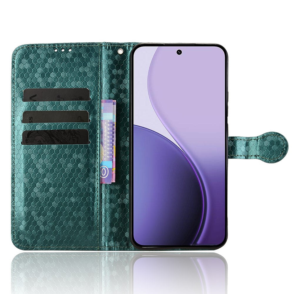 For Oppo Reno14 5G (Global) Wallet Case Dot Pattern Imprint PU Leather Phone Cover with Wrist Strap - Green