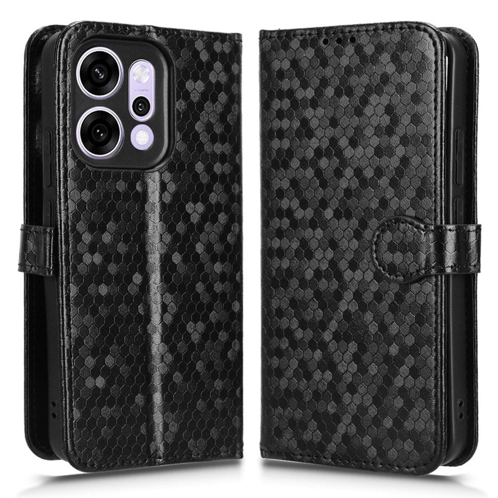 For Oppo Reno14 5G (Global) Wallet Case Dot Pattern Imprint PU Leather Phone Cover with Wrist Strap - Black