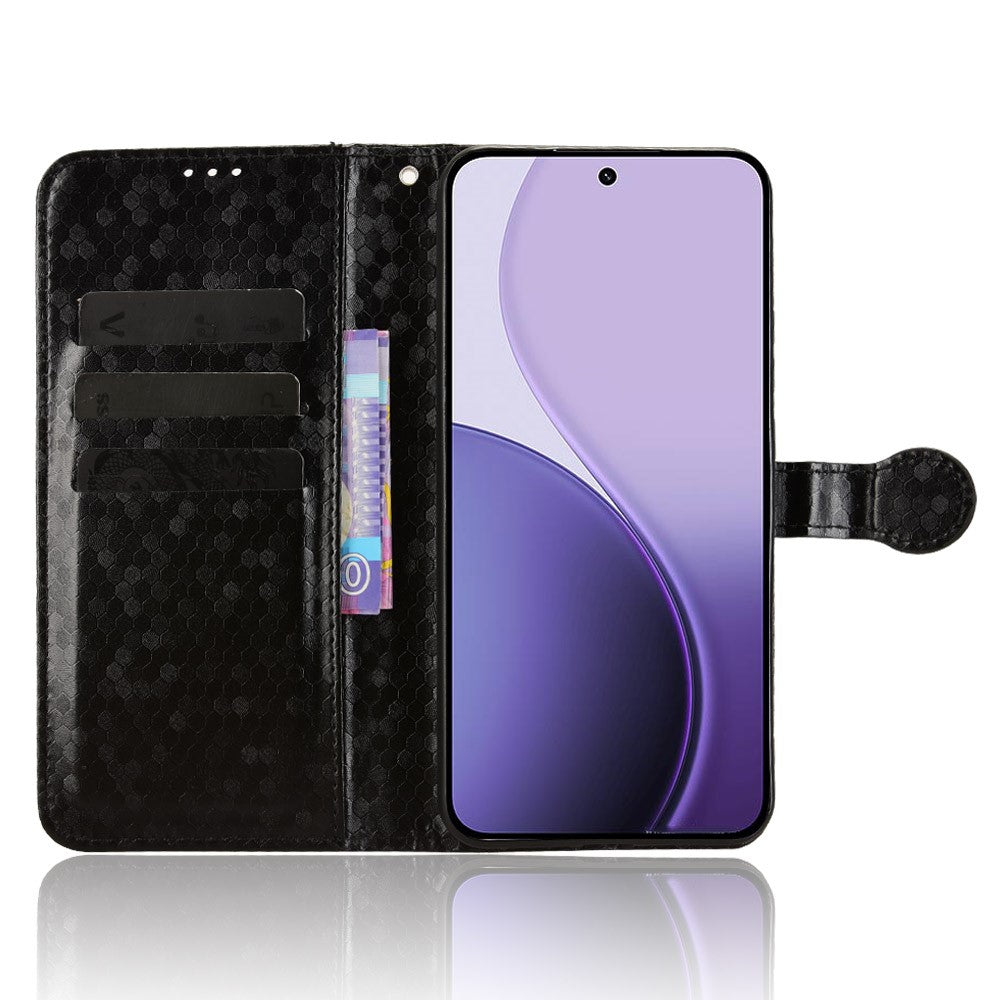 For Oppo Reno14 5G (Global) Wallet Case Dot Pattern Imprint PU Leather Phone Cover with Wrist Strap - Black
