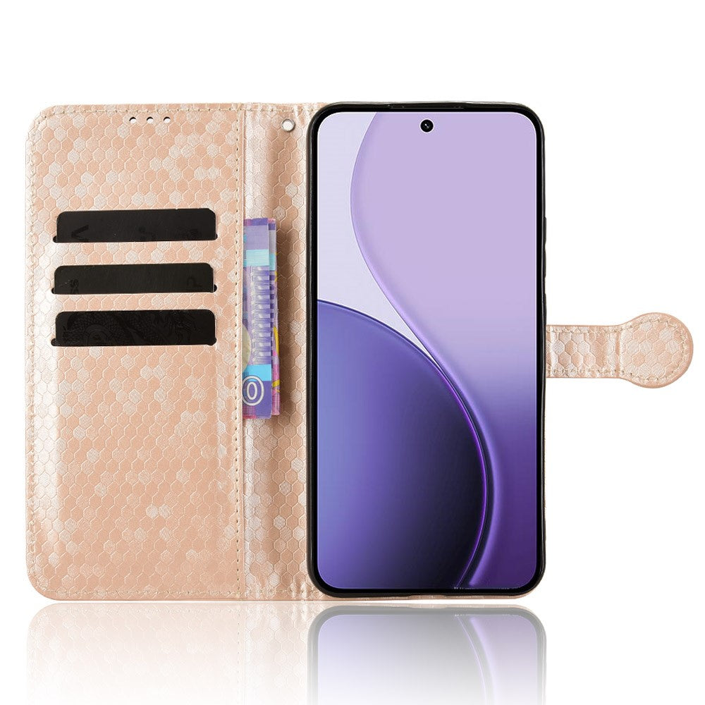 For Oppo Reno14 5G (Global) Wallet Case Dot Pattern Imprint PU Leather Phone Cover with Wrist Strap - Rose Gold